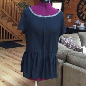 Short Sleeve Peplum Top New Size Large Black Semi Sheer Neck Detail NWT Rewind